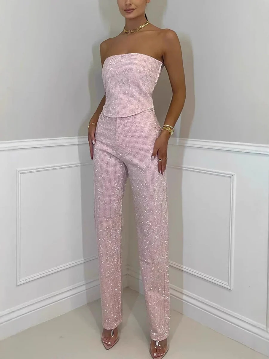 Sexy Off-shoulder Sequins Tube Top Pants 2-piece Sets - Image 5