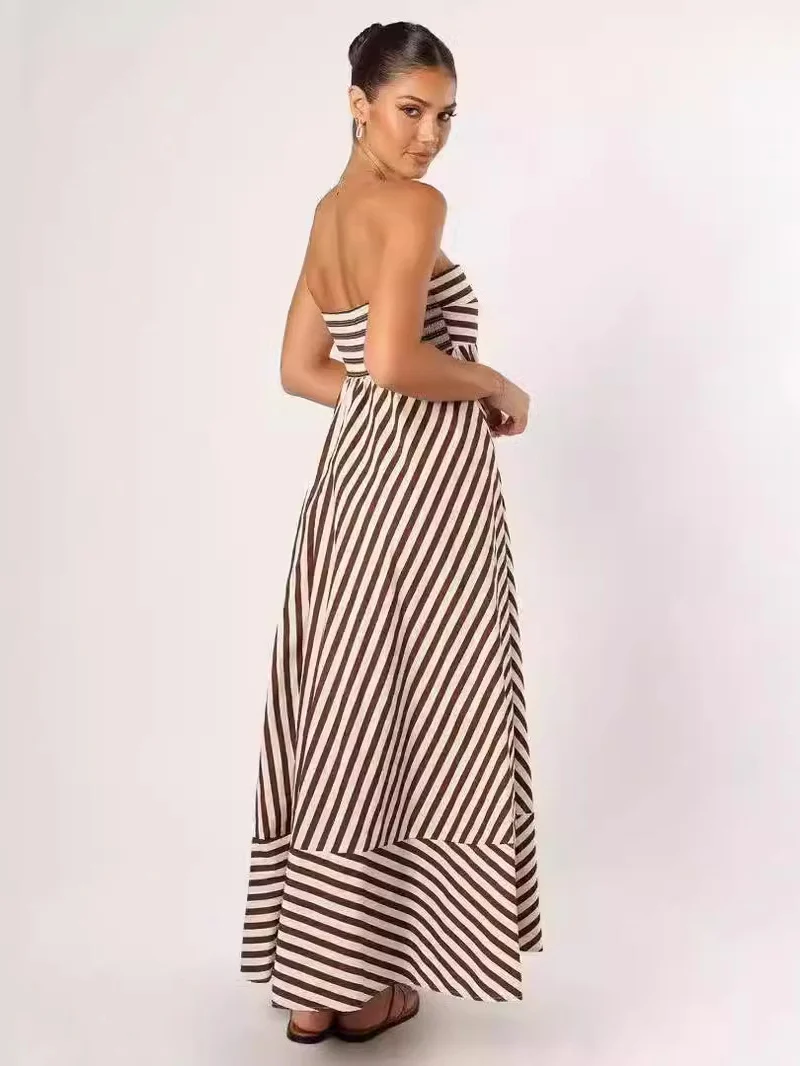 Striped Backless Halter Top Sexy Full Skirt High-waisted Long Dress - Image 2