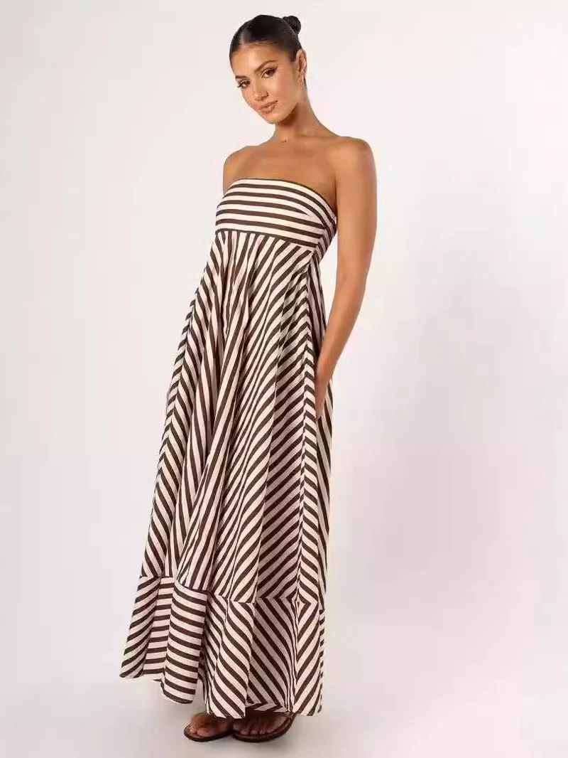 Striped Backless Halter Top Sexy Full Skirt High-waisted Long Dress - Image 3