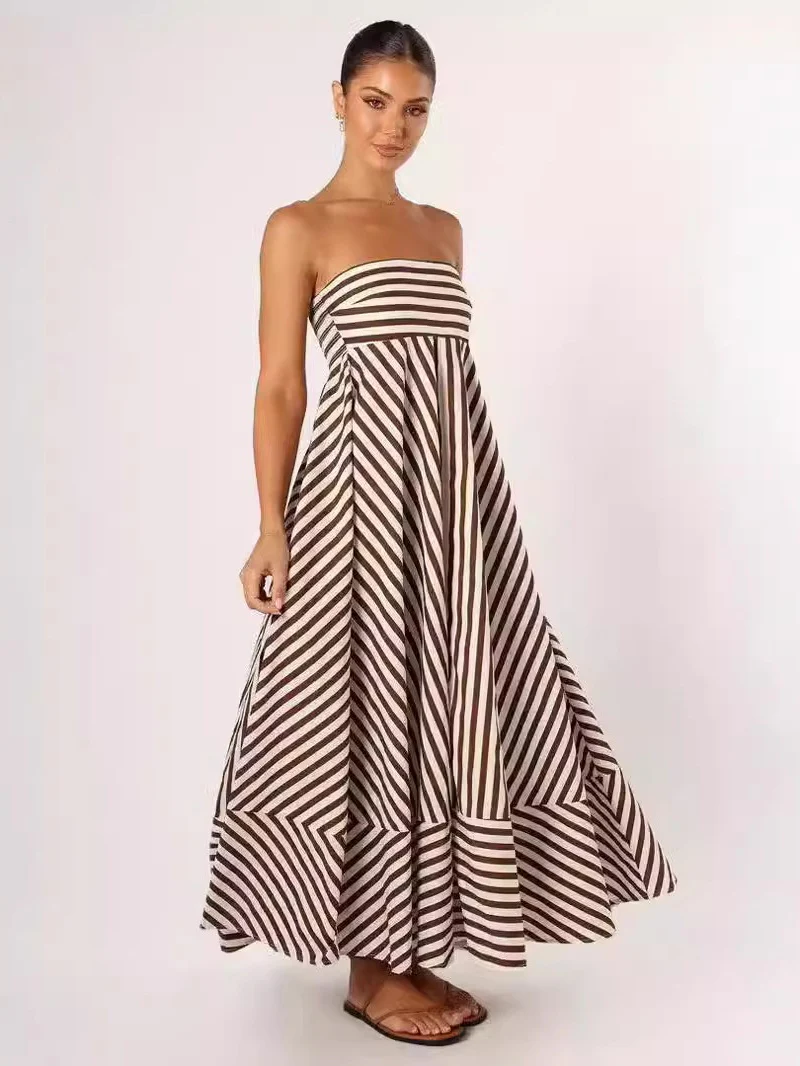 Striped Backless Halter Top Sexy Full Skirt High-waisted Long Dress - Image 4