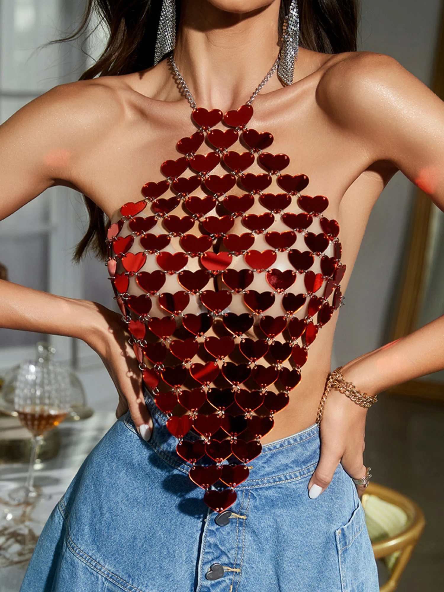 Heart-shaped Sequins Halter Neck And Backless Tank Tops&Camis