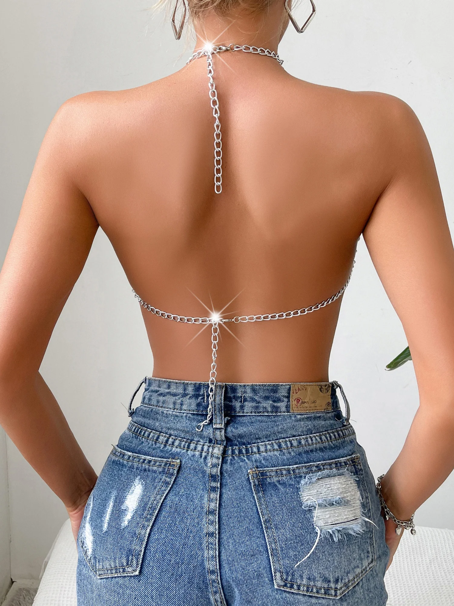 Diamond-studded Openwork Chain Splicing Halter Neck And Backless Tank Tops&Camis - Image 2