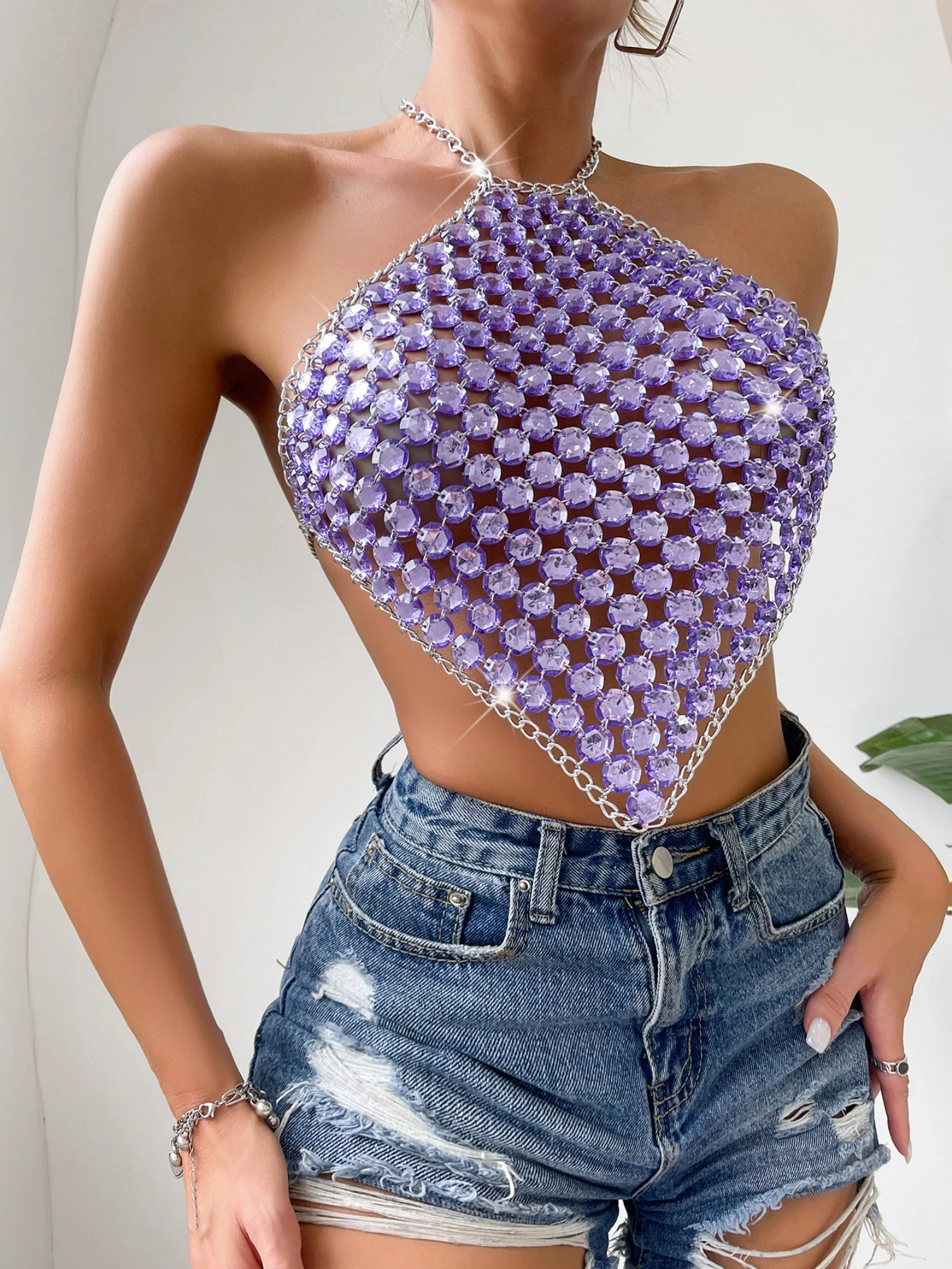Diamond-studded Openwork Chain Splicing Halter Neck And Backless Tank Tops&Camis - Image 3