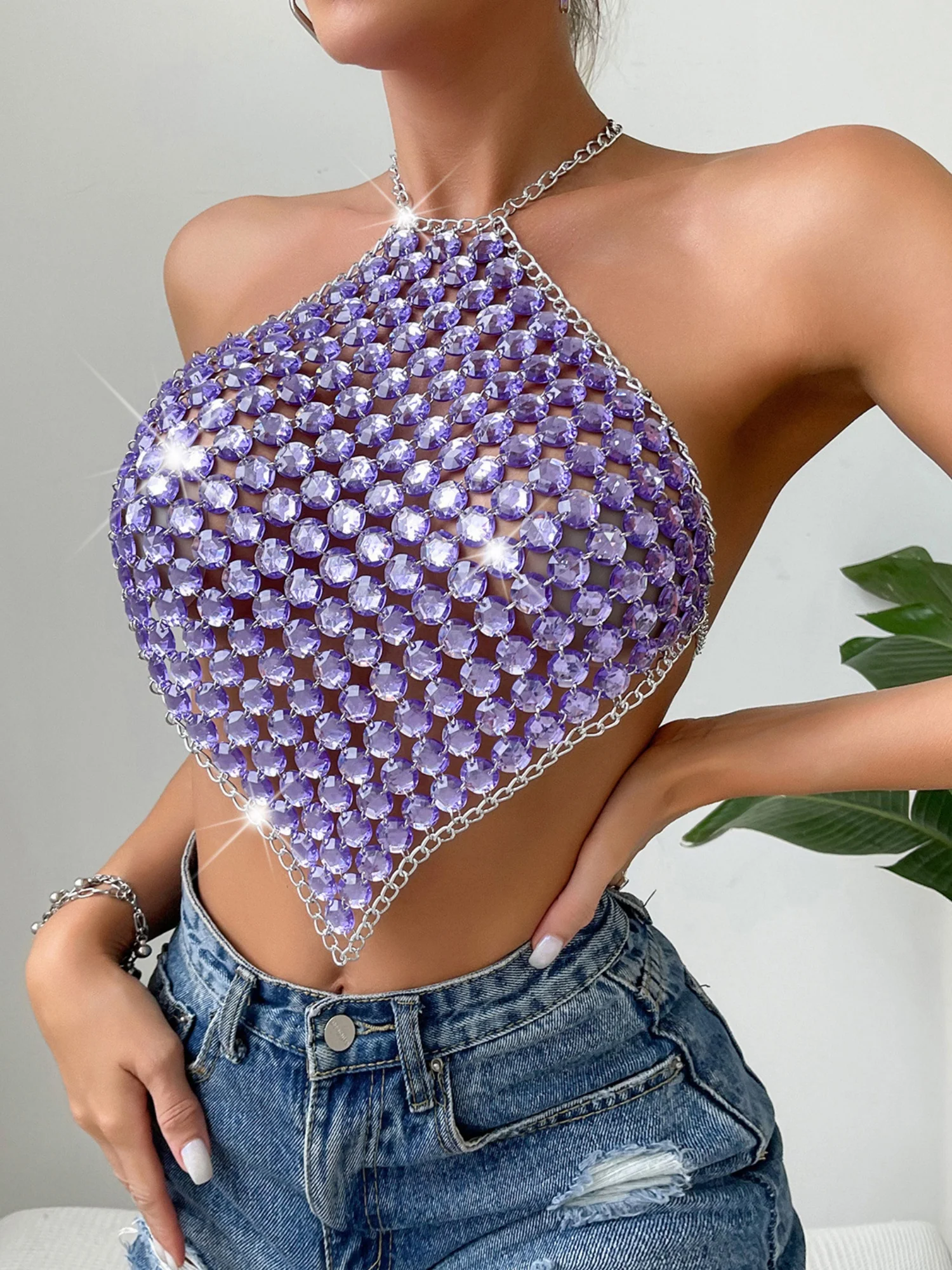 Diamond-studded Openwork Chain Splicing Halter Neck And Backless Tank Tops&Camis - Image 4