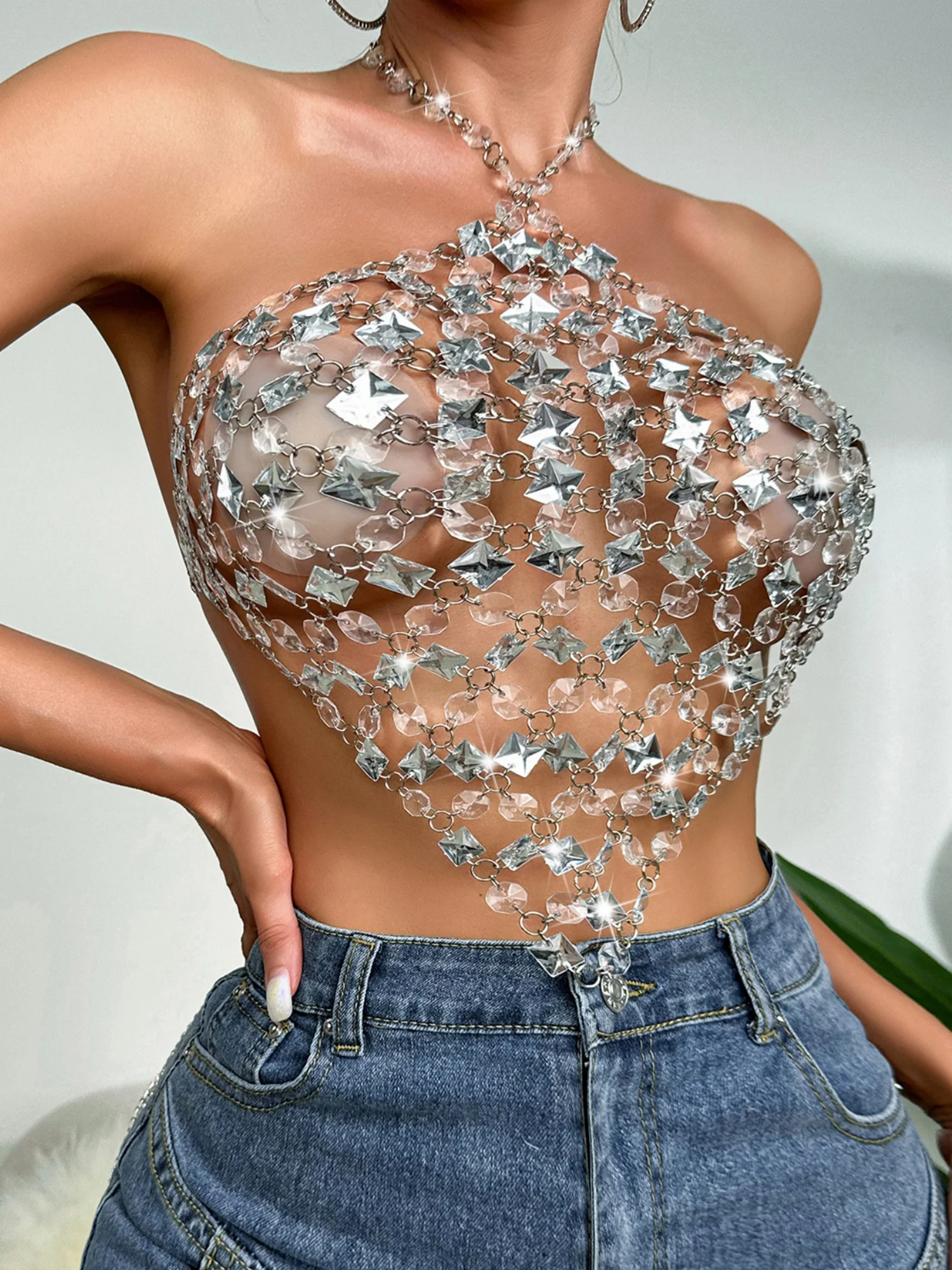 Diamond-studded Openwork Chain Splicing Halter Neck And Backless Tank Tops&Camis - Image 3