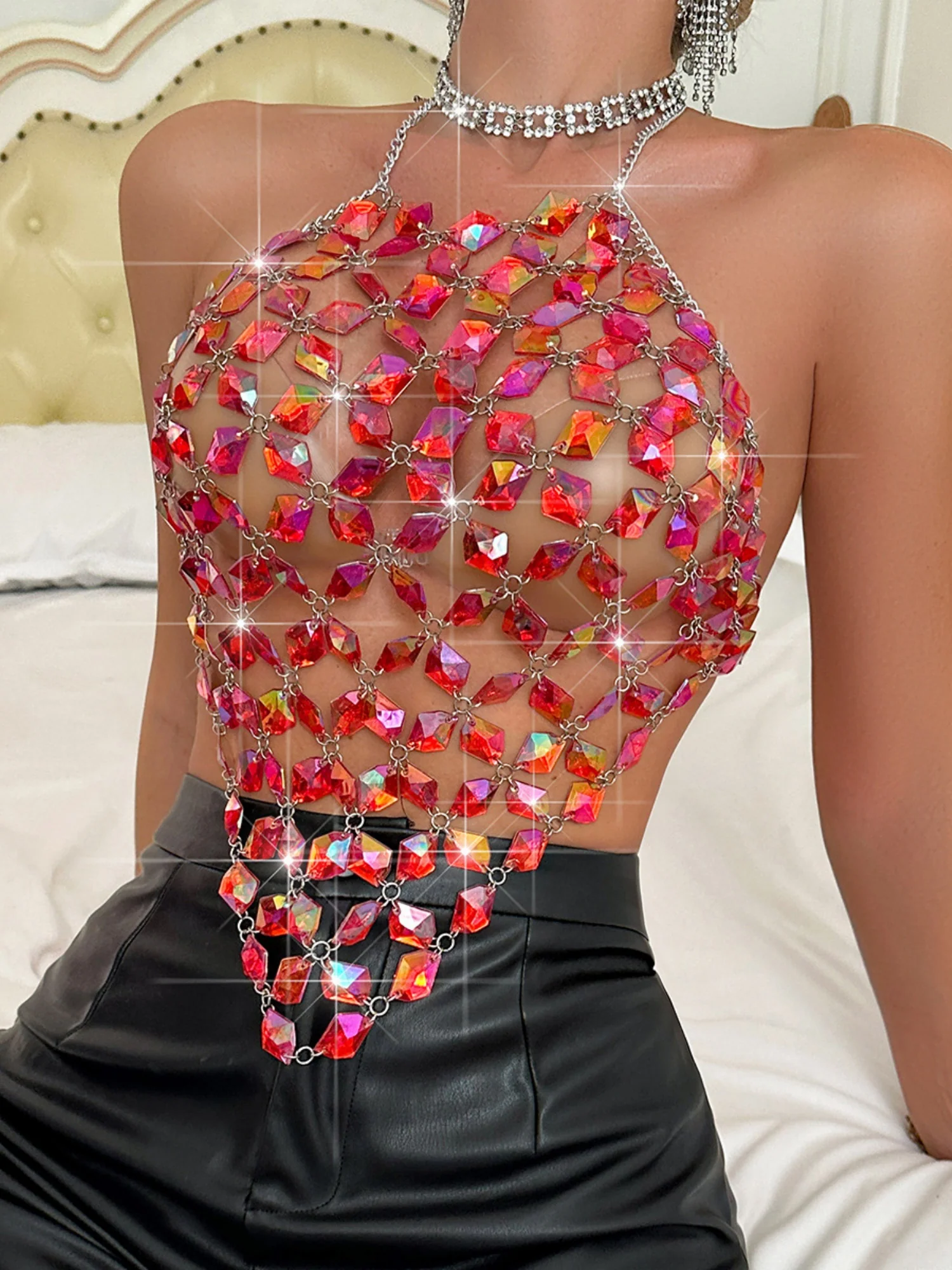 Diamond-studded Openwork Chain Splicing Halter Neck And Backless Tank Tops&Camis - Image 12