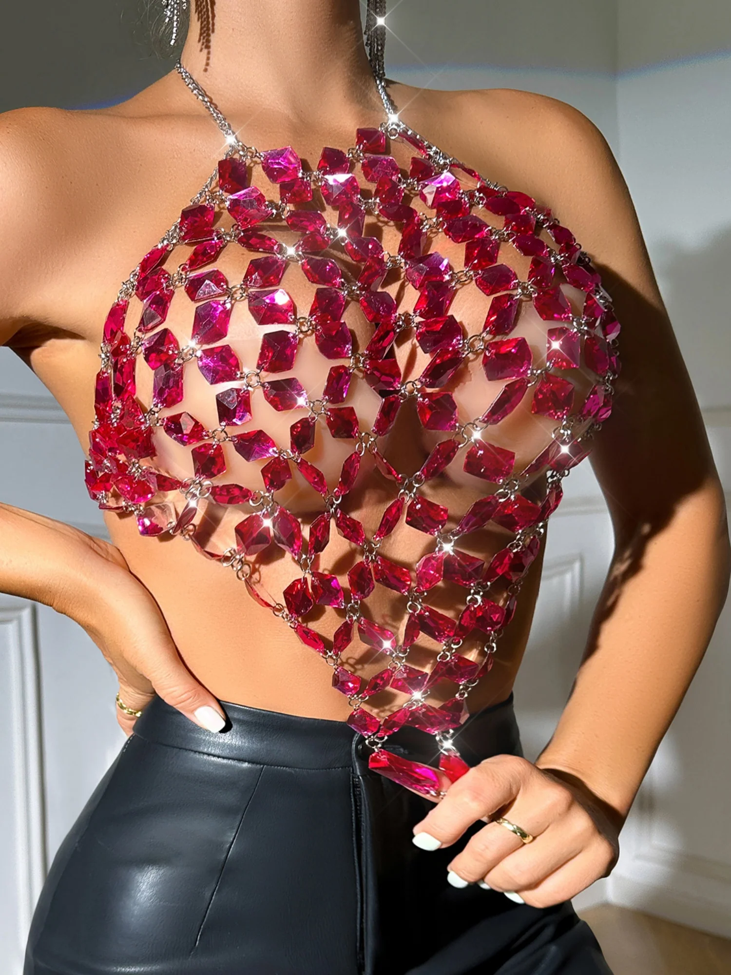 Diamond-studded Openwork Chain Splicing Halter Neck And Backless Tank Tops&Camis - Image 6