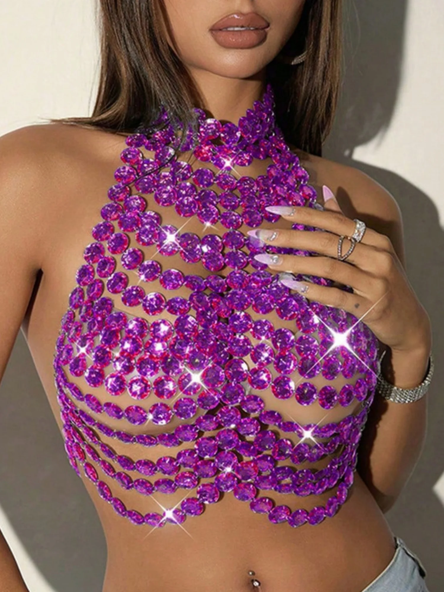 Diamond-studded Openwork Halter Neck And Backless Tank Tops&Camis - Image 7