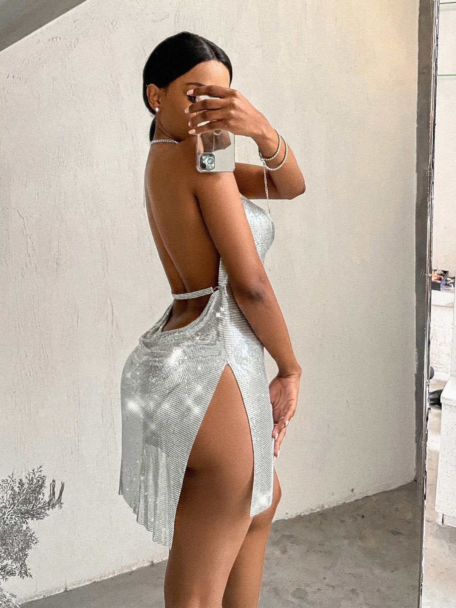 Metallic Sequins Rhinestone Suspenders Sexy Backless Design Mini&Short Dresses - Image 5