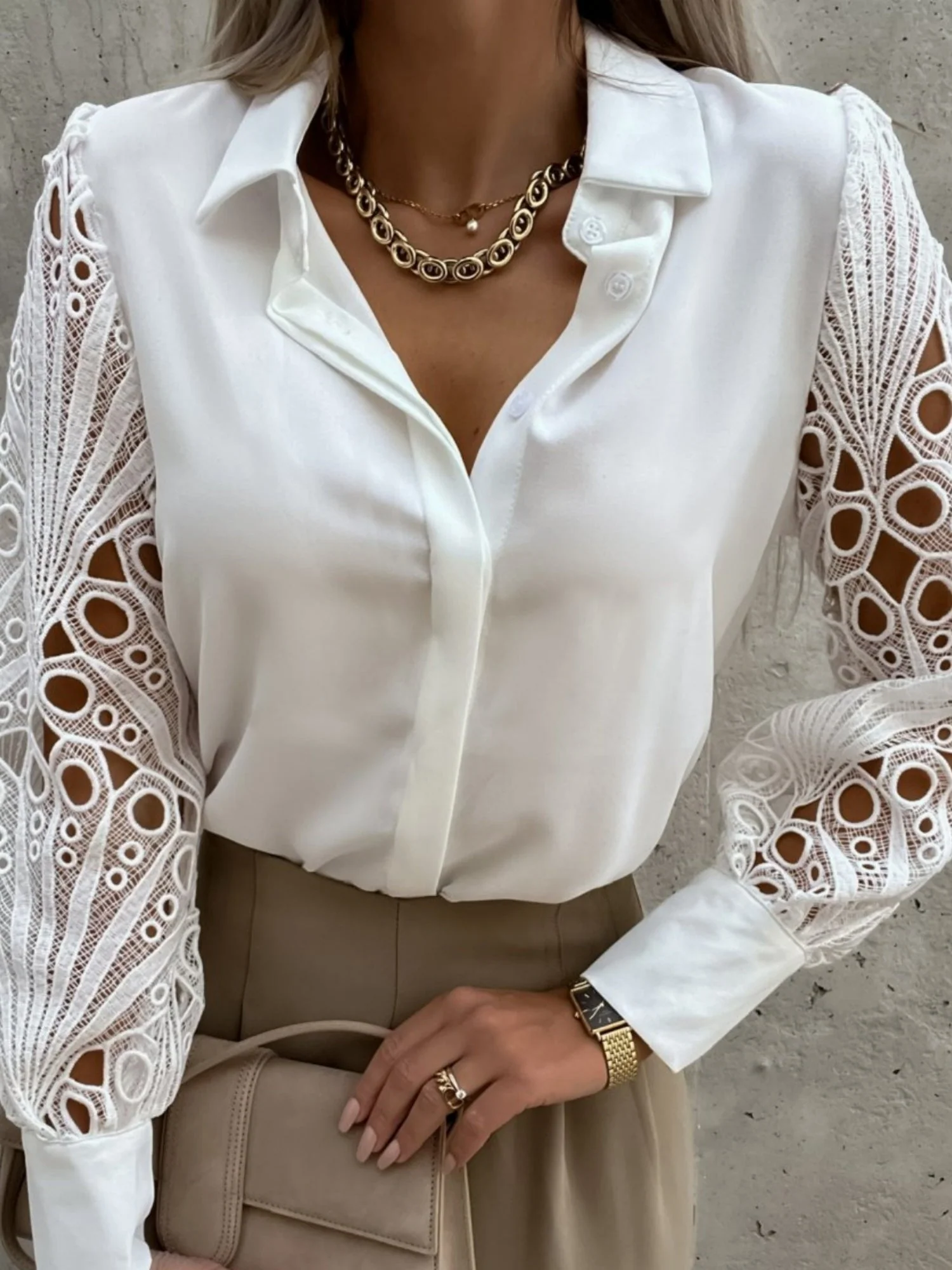 Lace Patchwork Hollow Out Blouse&Shirts - Image 3