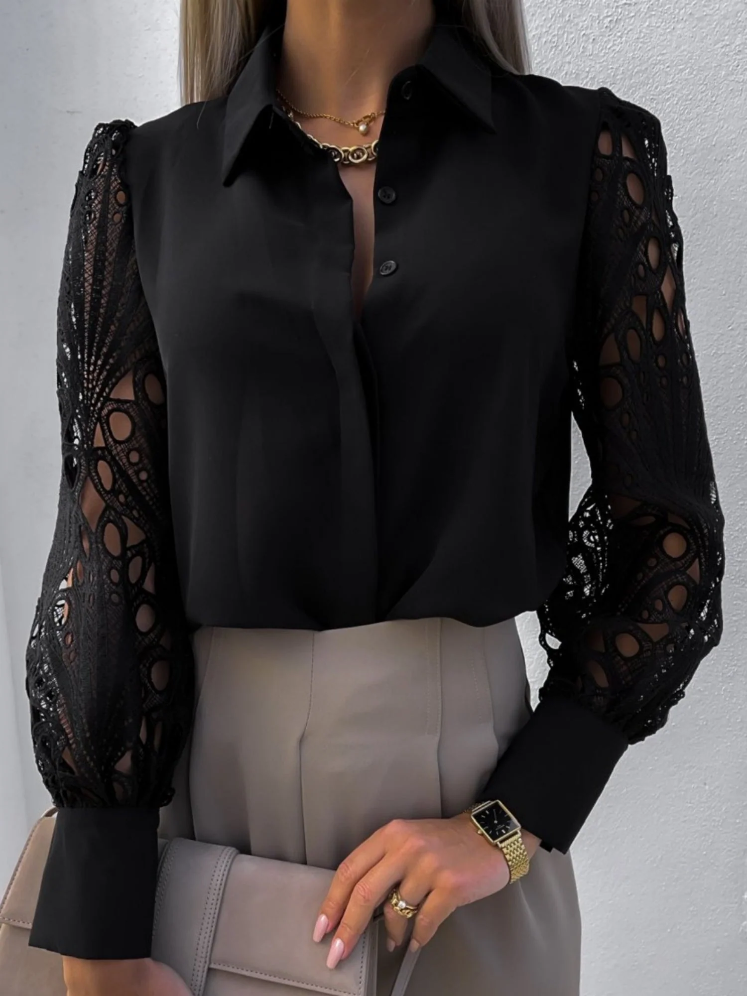 Lace Patchwork Hollow Out Blouse&Shirts - Image 5