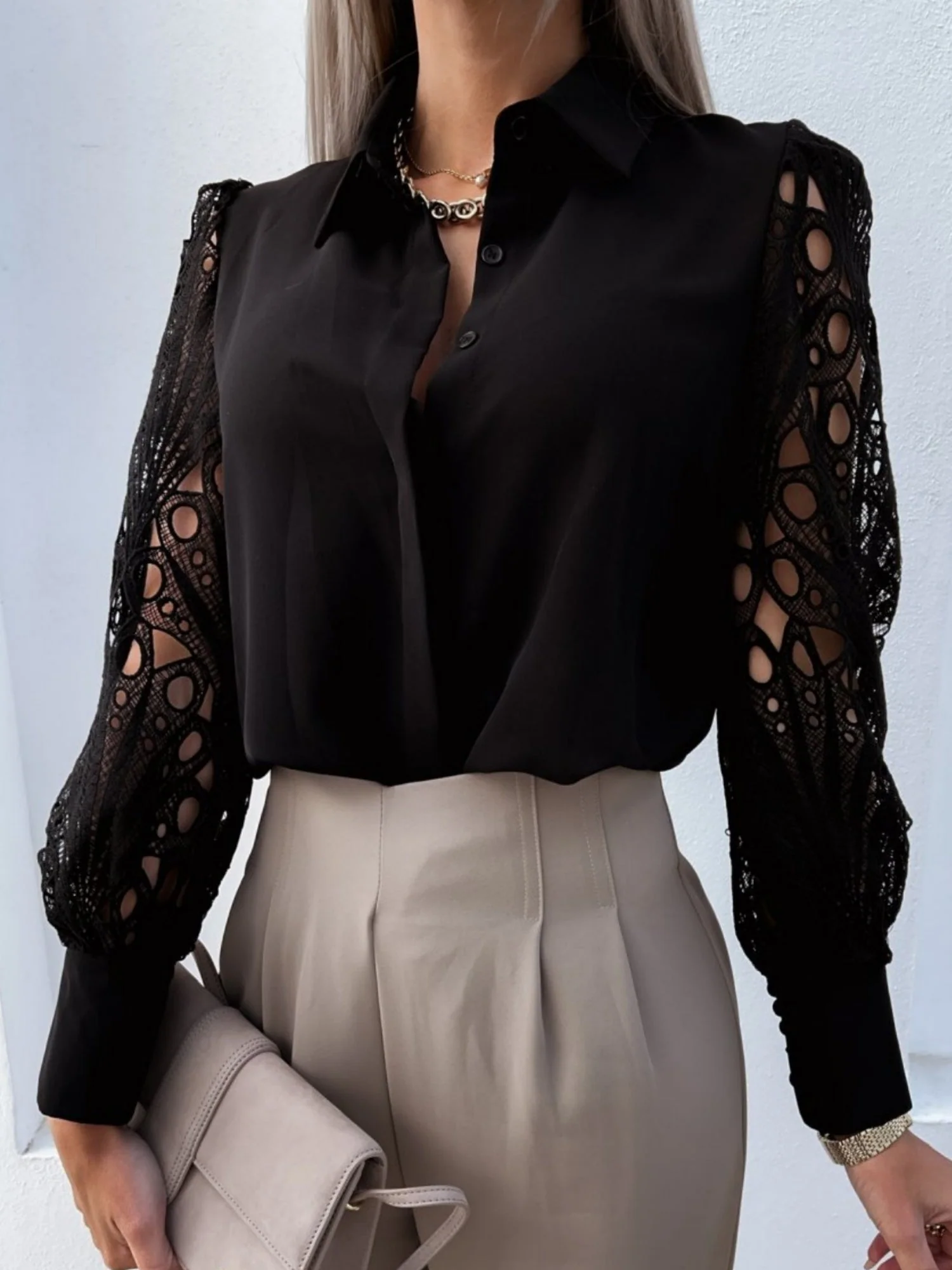 Lace Patchwork Hollow Out Blouse&Shirts - Image 8