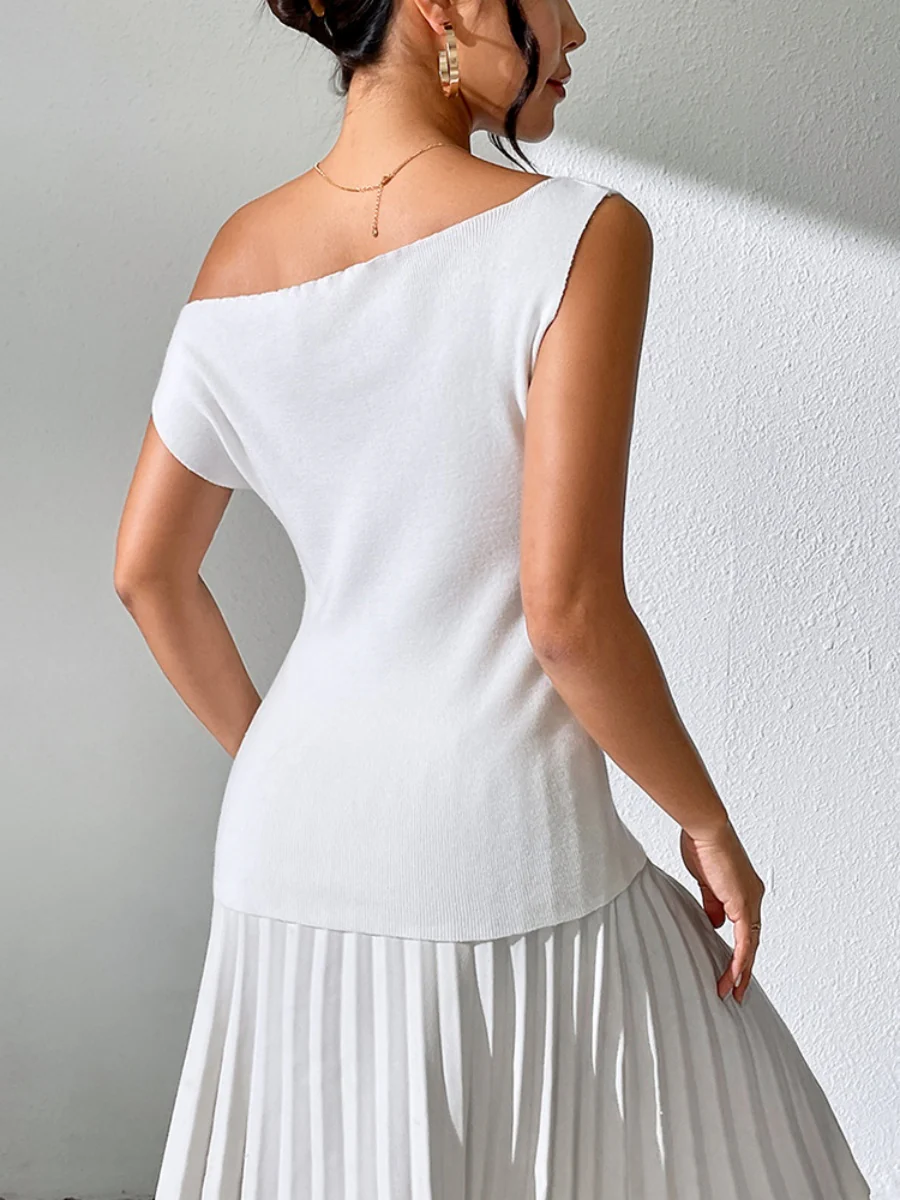 Knitting Irregular Sloping Shoulders Off Shoulder T-shirts - Image 3
