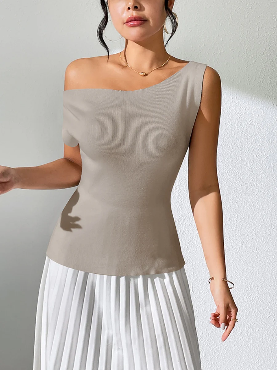 Knitting Irregular Sloping Shoulders Off Shoulder T-shirts - Image 5