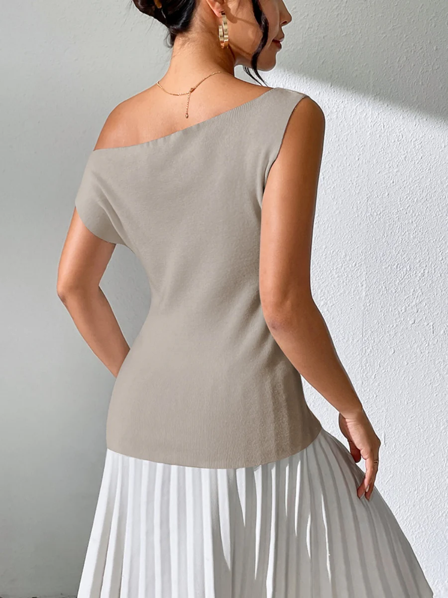 Knitting Irregular Sloping Shoulders Off Shoulder T-shirts - Image 7