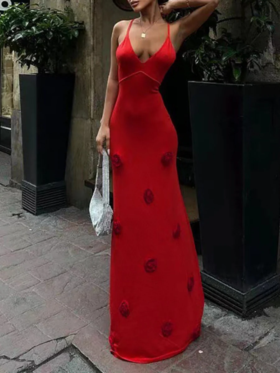 Hollow Crochet Knitting V-neck 3D Flowers Camisoles Maxi Dresses - Image 2