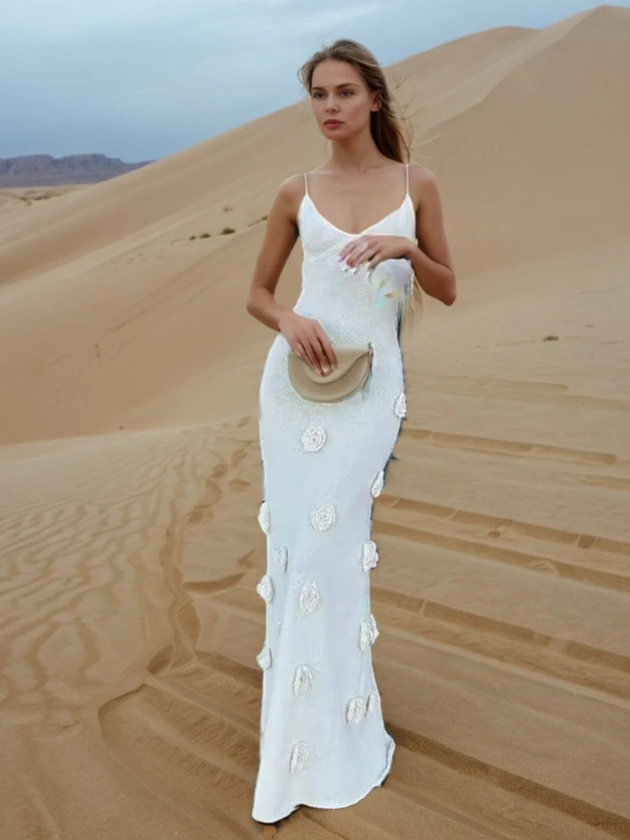 Hollow Crochet Knitting V-neck 3D Flowers Camisoles Maxi Dresses - Image 3