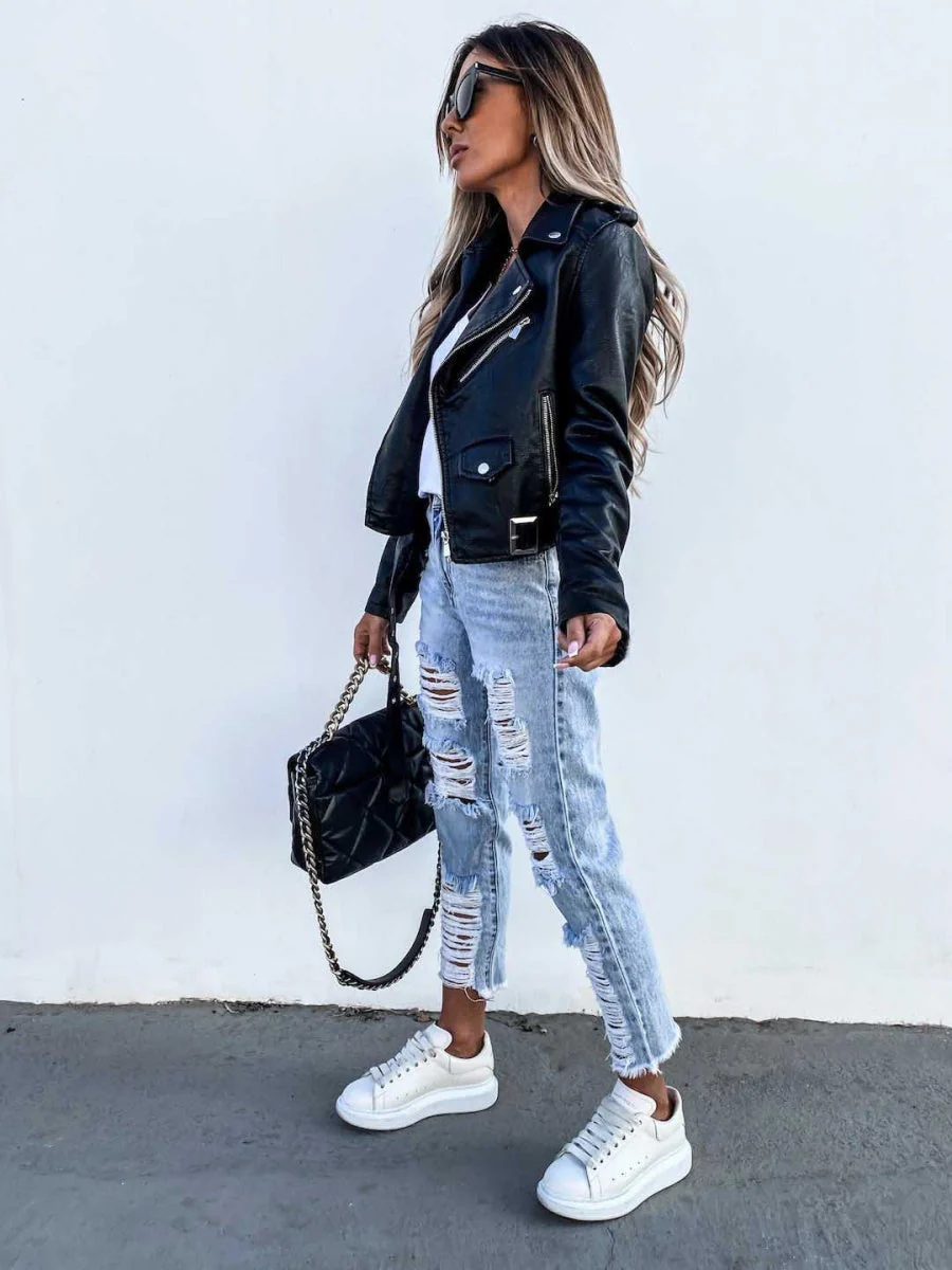 Pocket Zipper Short PU Leather Jackets - Image 4