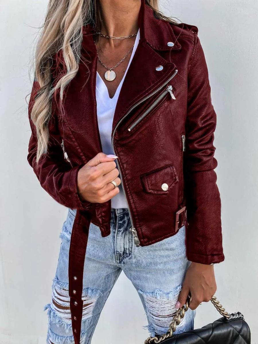 Pocket Zipper Short PU Leather Jackets - Image 6