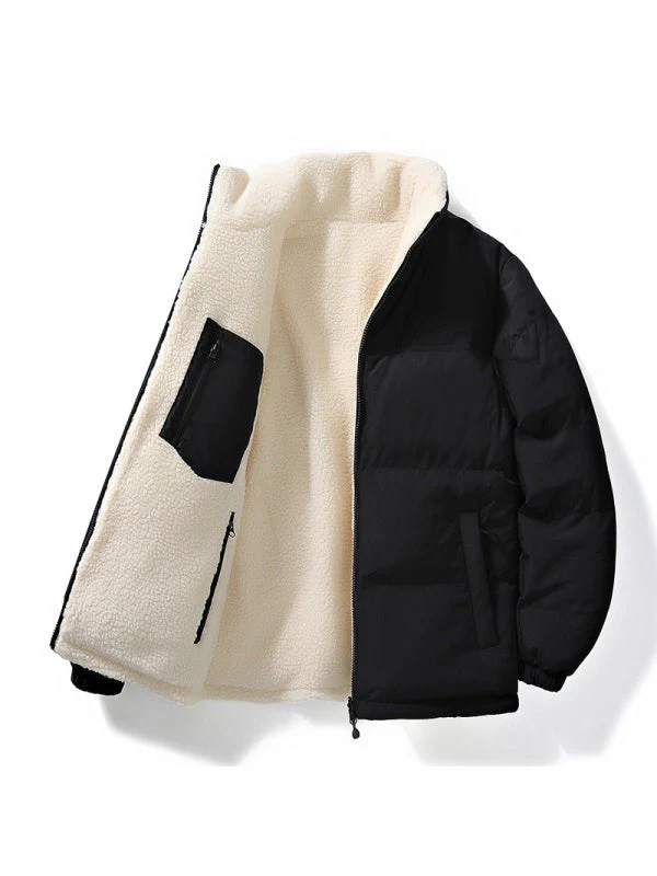Stand Collar Color-blocked Reversible Lamb Wool Jackets - Image 11