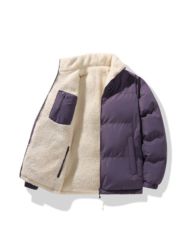 Stand Collar Color-blocked Reversible Lamb Wool Jackets - Image 12