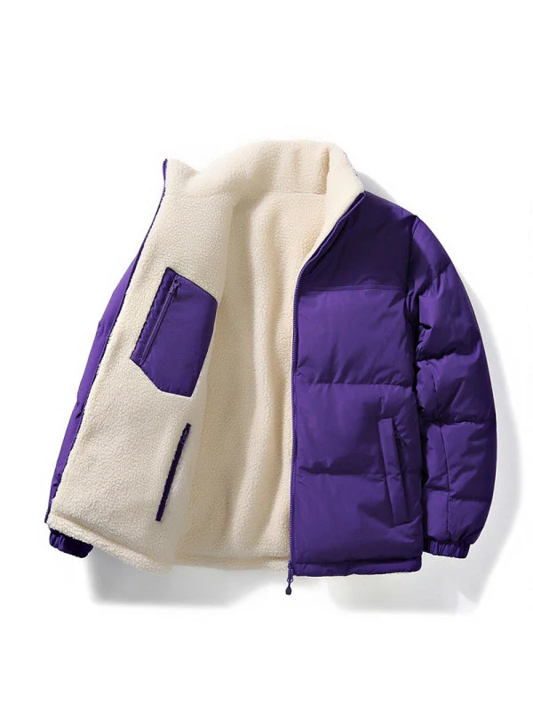 Stand Collar Color-blocked Reversible Lamb Wool Jackets - Image 13