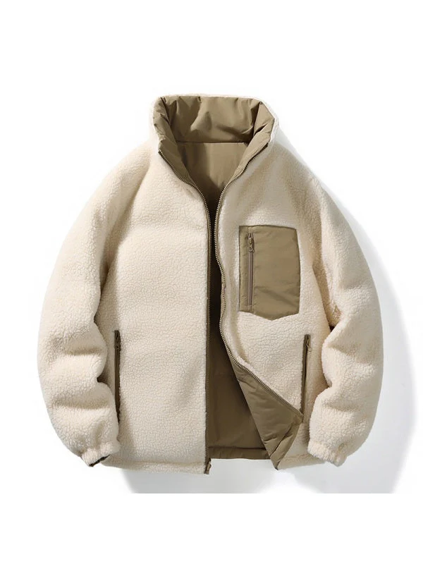 Stand Collar Color-blocked Reversible Lamb Wool Jackets - Image 2