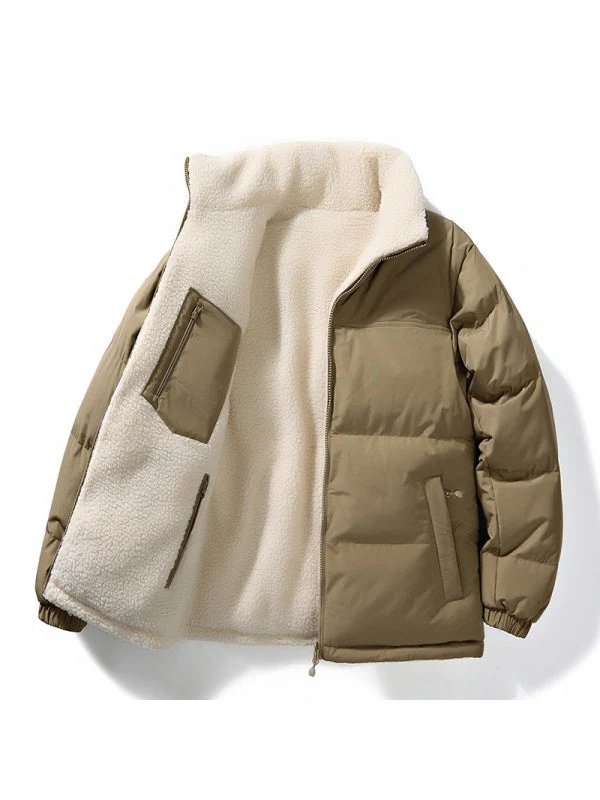 Stand Collar Color-blocked Reversible Lamb Wool Jackets - Image 3