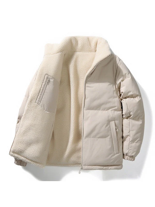 Stand Collar Color-blocked Reversible Lamb Wool Jackets - Image 5