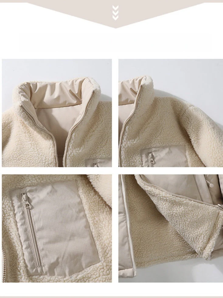 Stand Collar Color-blocked Reversible Lamb Wool Jackets - Image 6