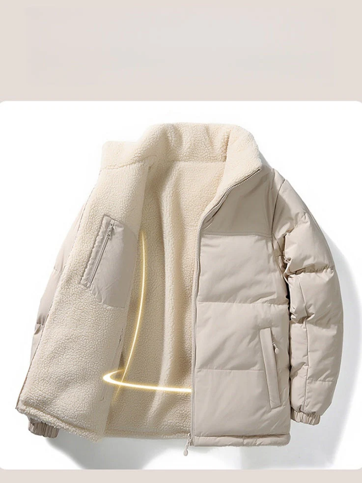 Stand Collar Color-blocked Reversible Lamb Wool Jackets - Image 7