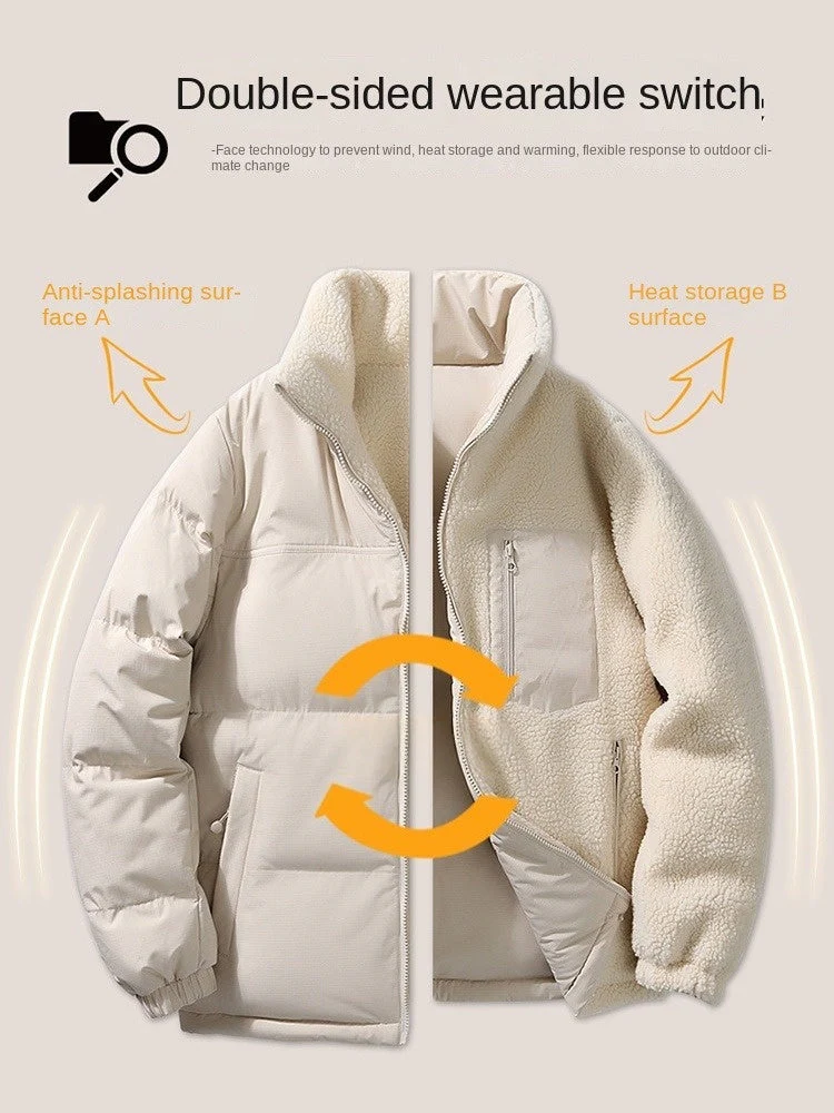 Stand Collar Color-blocked Reversible Lamb Wool Jackets - Image 8