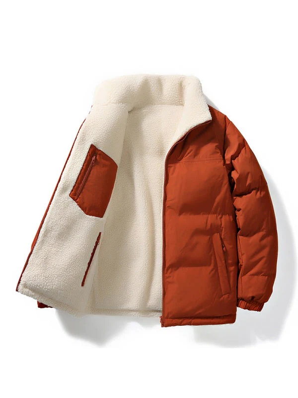 Stand Collar Color-blocked Reversible Lamb Wool Jackets - Image 9