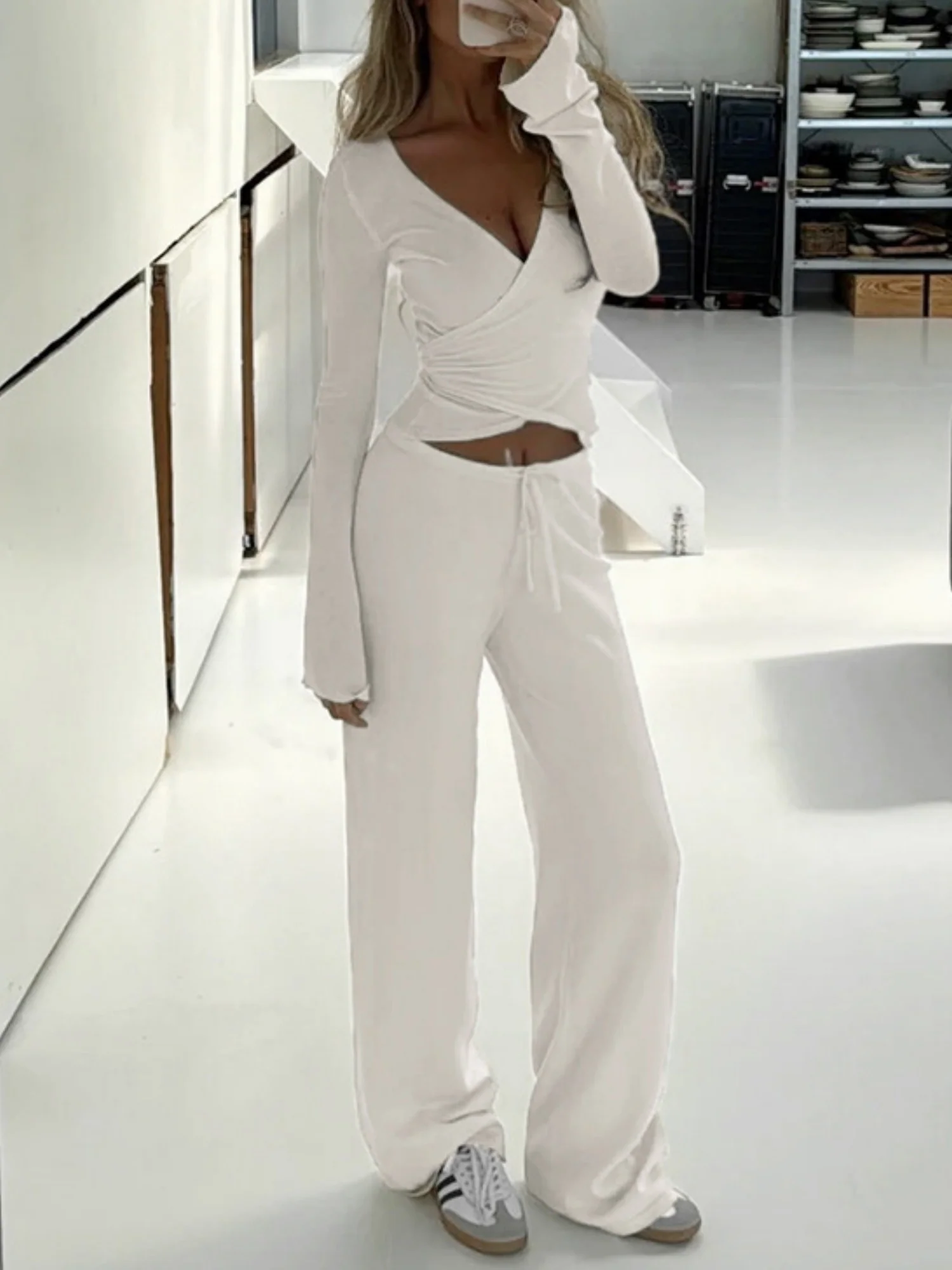 Lace-up V-neck Exercise Yoga Long-sleeved T-shirt Pants 2-piece Sets - Image 11