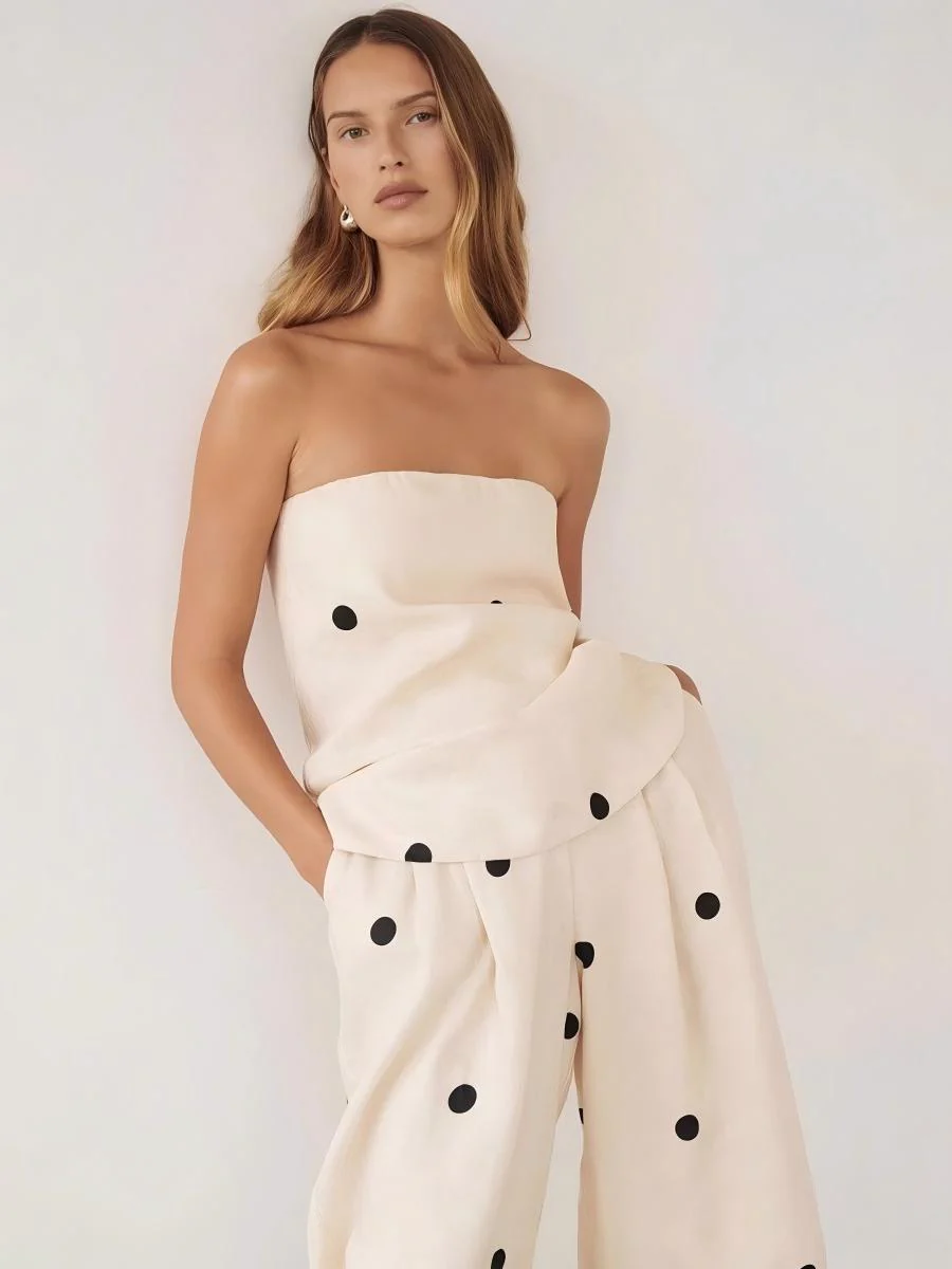Polka Dot Strapless Vest Top And High-waisted Wide-leg Pants Two-piece Set - Image 3