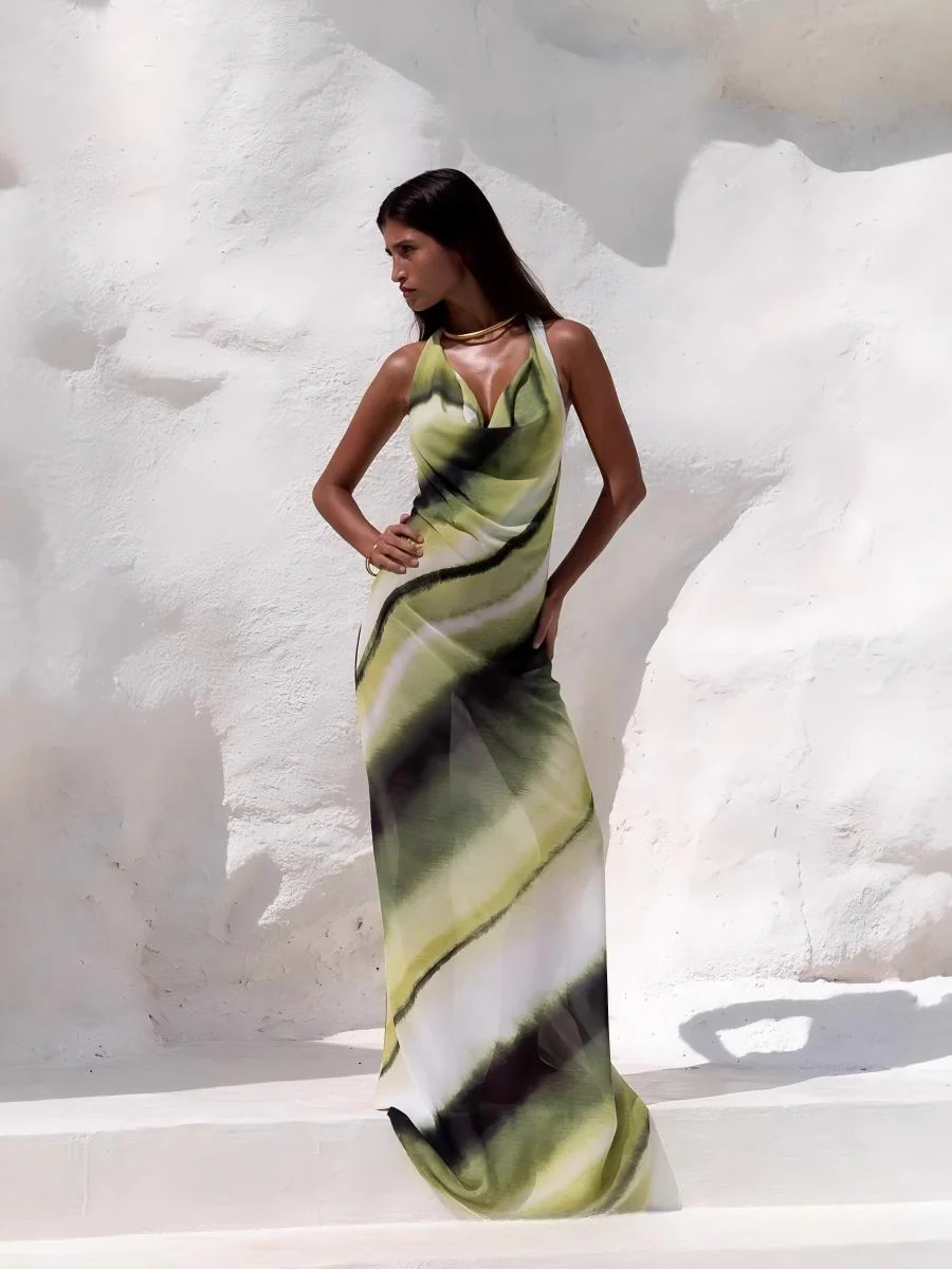 Gradient Print V-neck Slim-fit Bodycon Backless Long Dress - Image 3