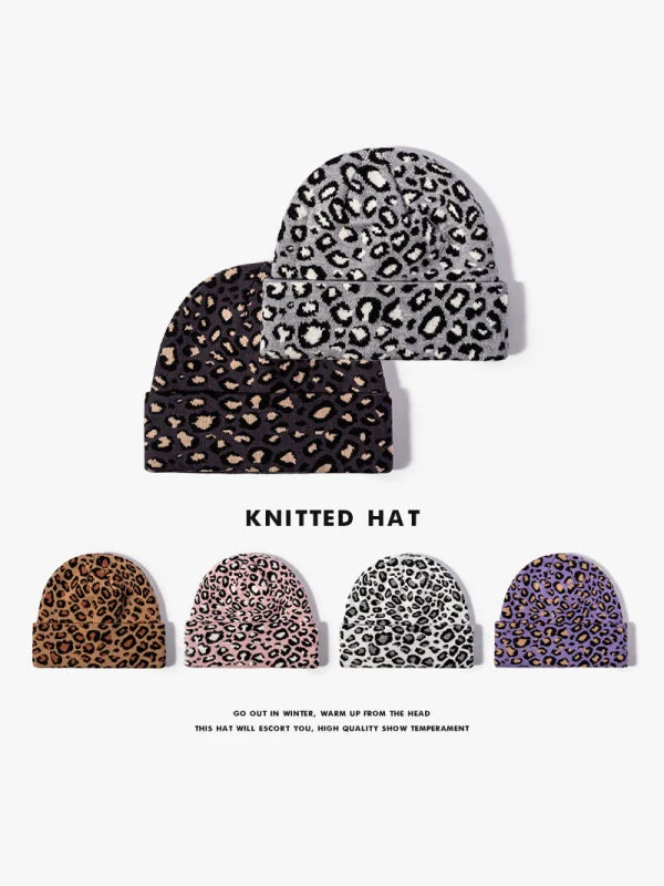 Leopard Jacquard Beanie, Thick Knit Winter Hat with Ear Coverage, Warm Fleece-Lined, One Size