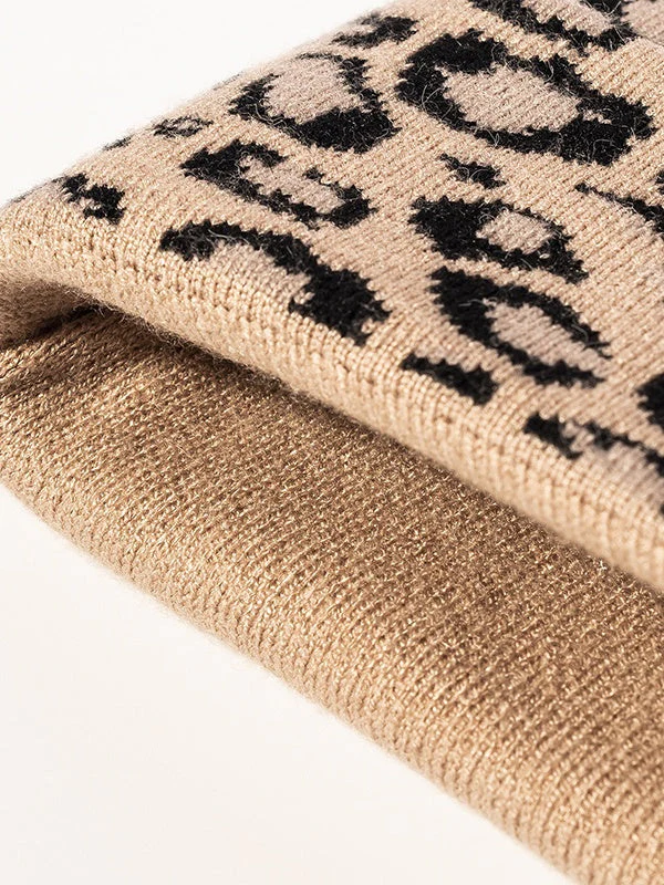 Leopard Jacquard Beanie, Thick Knit Winter Hat with Ear Coverage, Warm Fleece-Lined, One Size - Image 5