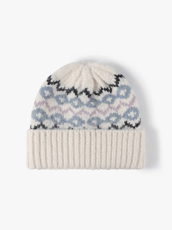 Striped Jacquard Cuffed Beanie, Thick-Knit Winter Hat, Thermal Fleece-Lined, One Size - Image 5