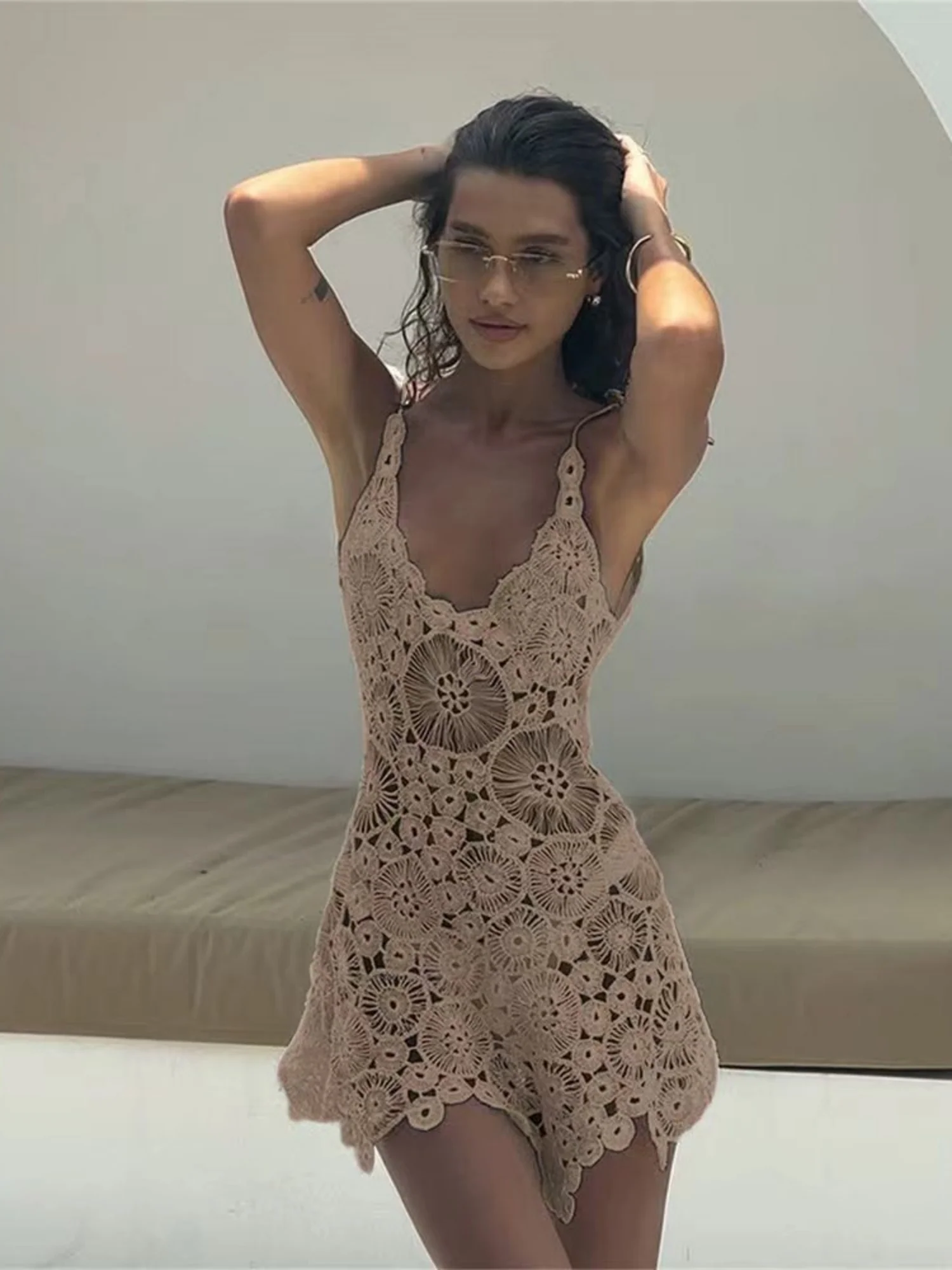 Lace Openwork Crochet Spaghetti Strap Short Dress - Image 5
