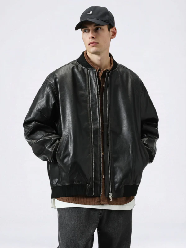 Retro Loose-fit Simple Leather Jacket