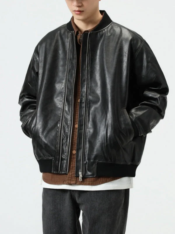 Retro Loose-fit Simple Leather Jacket - Image 2