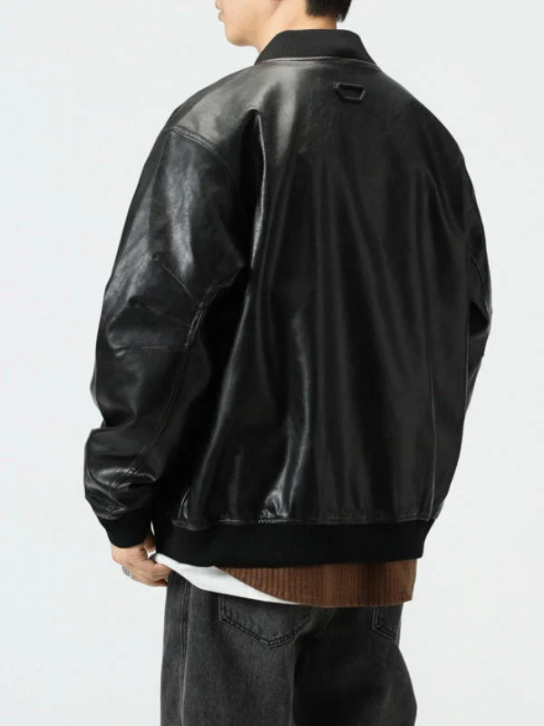 Retro Loose-fit Simple Leather Jacket - Image 3