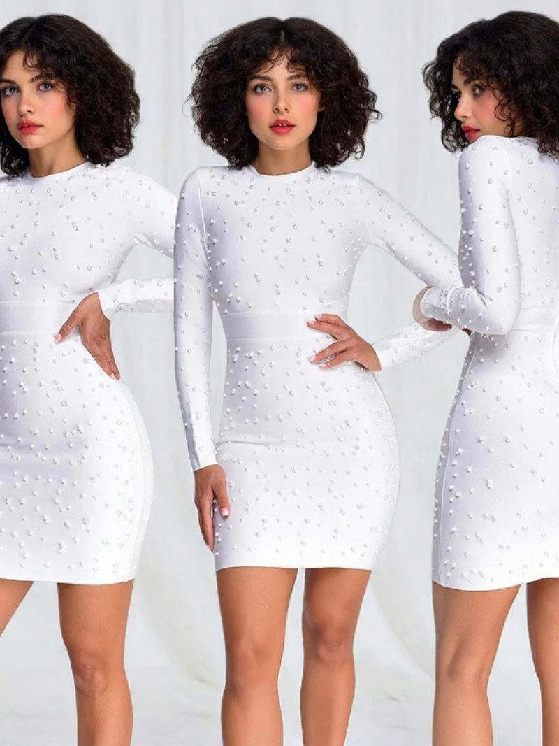 Beading Pearl Decoration Tight Fit Hip-hugging Parties Mini&Short Dresses - Image 4