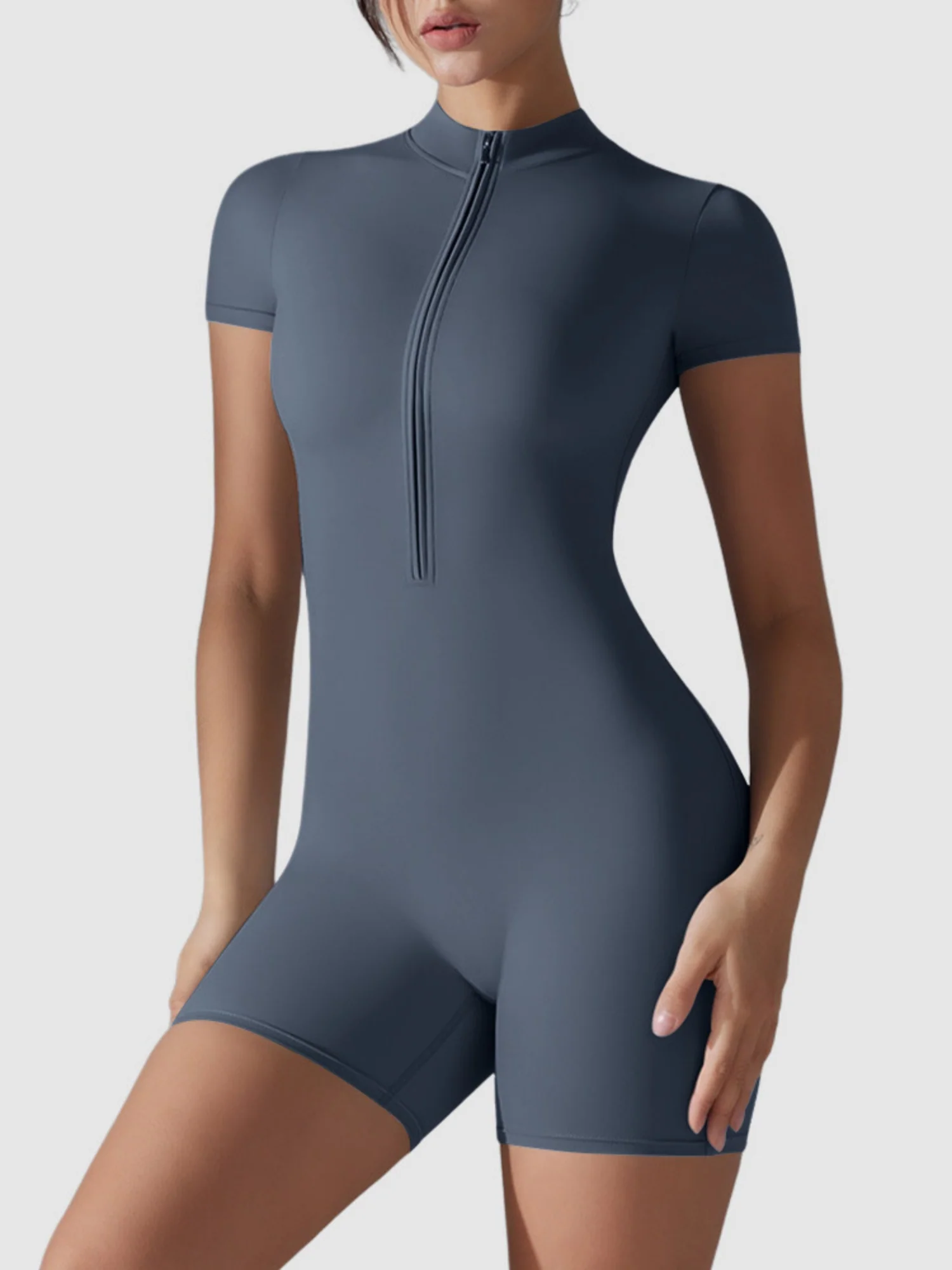 Half-open Zipper High Elastic Tight-fitting Fitness Exercise Short Bodysuit - Image 5