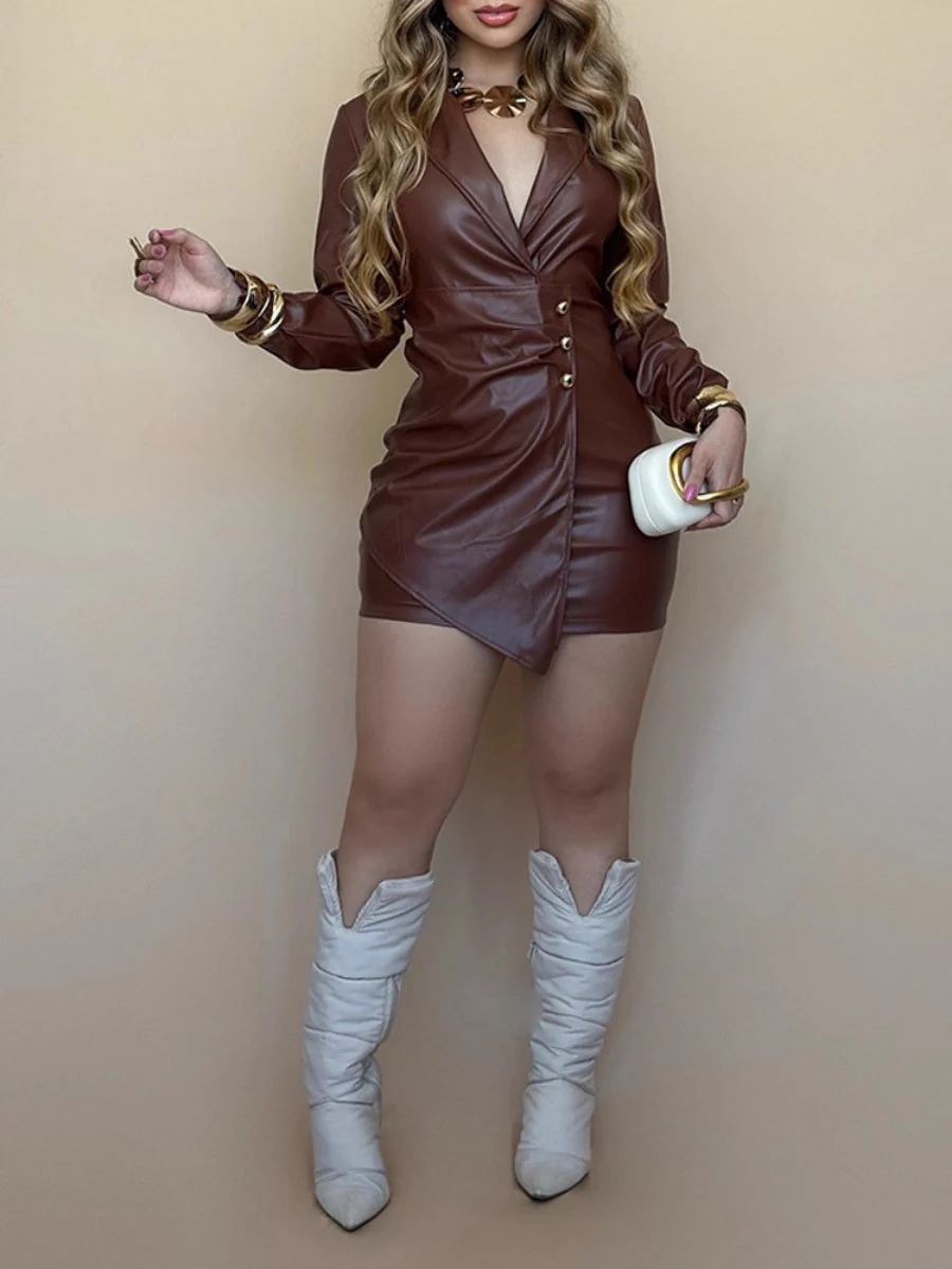 Leather Long-sleeved Lapel Suit With Faux Two-piece Design, Metal Buckle Waist, Slim Fit, Bodycon Jumpsuit Mini&Short Dresses - Image 3