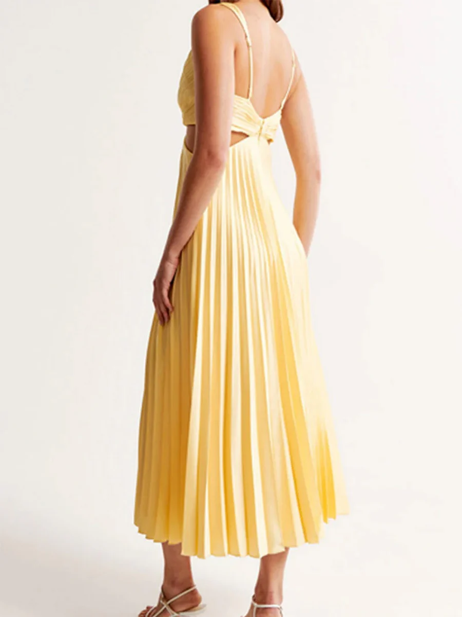 V-neck Sleeveless Open Back Pleated Long Dress - Image 3