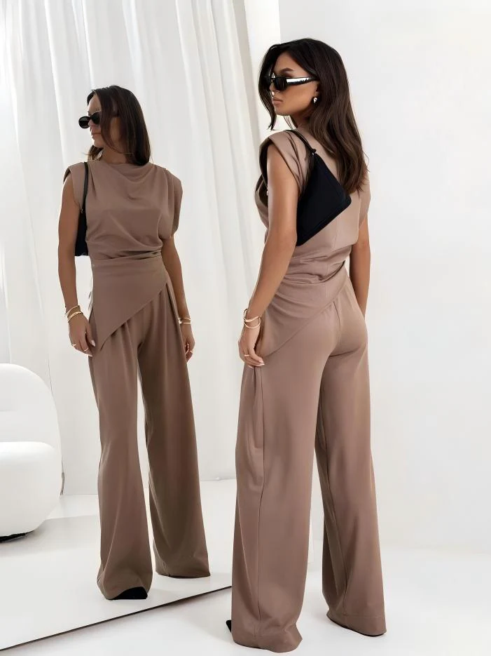 Irregular Short Sleeve Pleated Solid Color 2-piece Sets - Image 2
