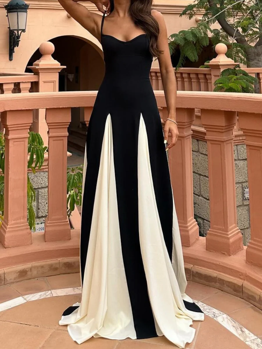 Black And White Color-blocked Long Slip Dress - Image 3