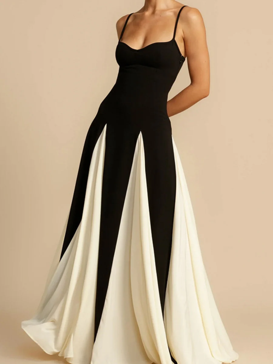 Black And White Color-blocked Long Slip Dress - Image 4